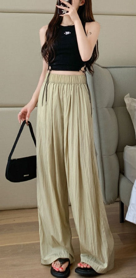 新着 夏 レディース ボトムス パンツ アイスシルク ワイドレッグパンツ 薄型 ハイウエストドレープ 和風 のんびり スロッピー コットン ストレートフィット カジュアルパンツ