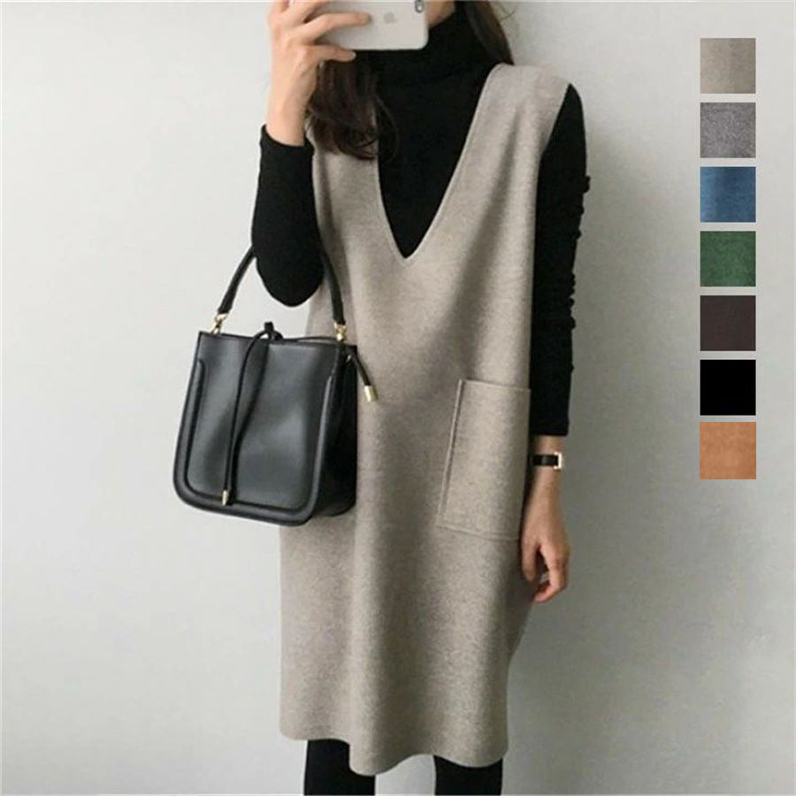 7色ウールベストレディース 冬 ミドル丈ベストスカートボトムドレスシングルピース