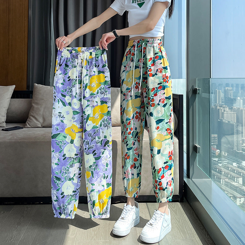 夏 レディース パンツ アイスシルク ハーレンパンツ 夏用 プリント 伸縮性ウエスト カジュアル チュニックパンツ
