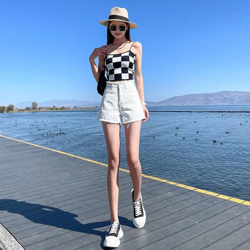 夏 レディース パンツ 香港スタイル ストラップ付き デニムショーツ ハイウエスト プラスサイズ ルーズスリム ワイドレッグ  Aライン ウルトラショート ホットパンツ