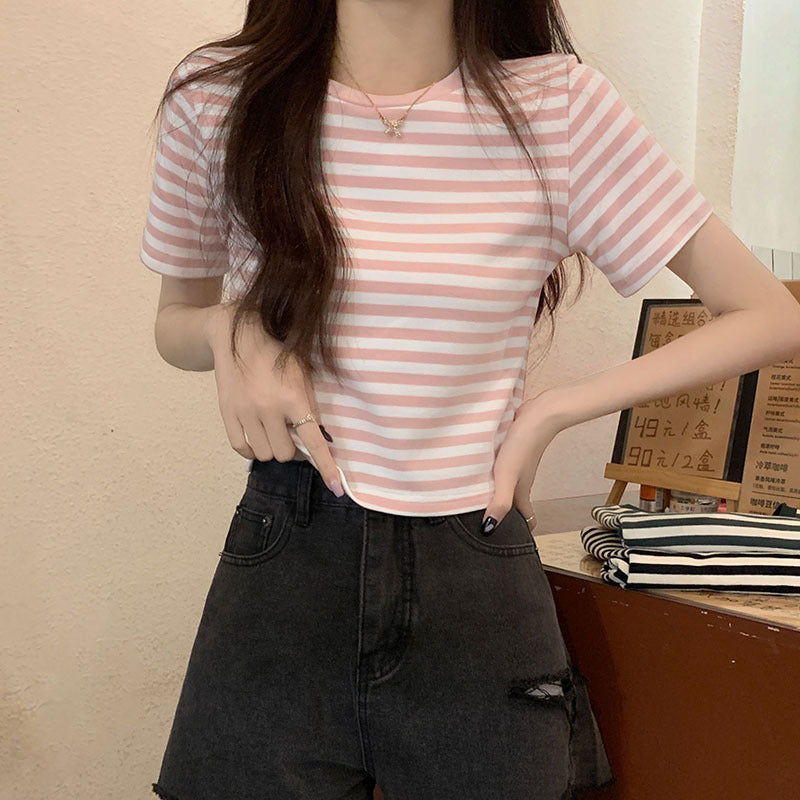 レディース トップス シャツ Tシャツ ストライプ 半袖 Tシャツ コットン ストレートショルダー