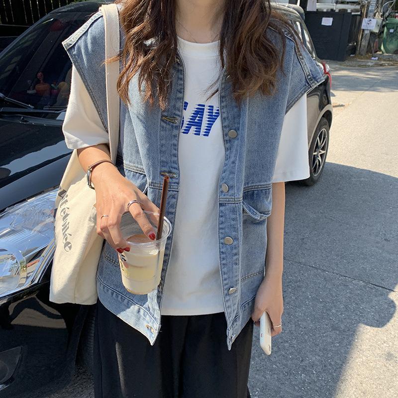 ワークウェアスタイルデニムベストレディース春秋薄手セクション ネットセレブリティルーズアウターベストウエストコートアウターカーディガン夏