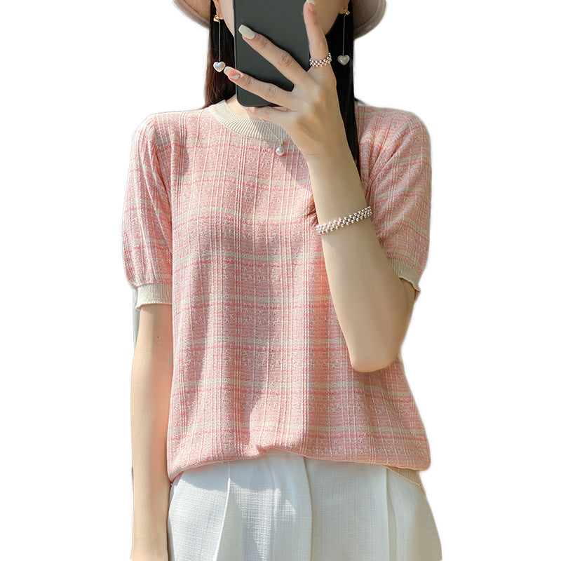 チェック柄ニットスリム アイスシルク クールTシャツ