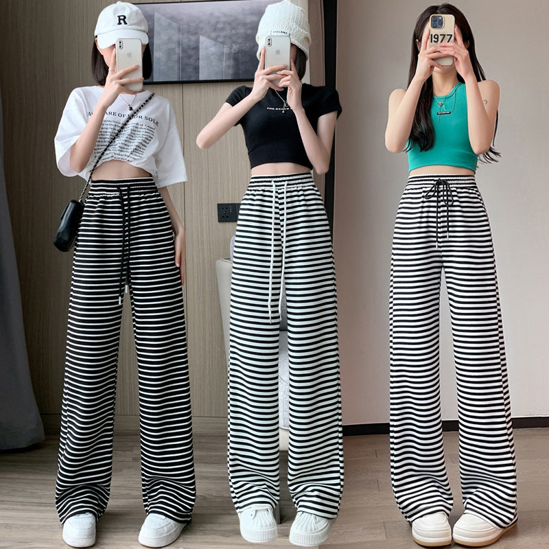 レディース ボトムス 白黒ストライプパンツ 子供用 ハイウエスト 垂れ下がり ワイドレッグパンツ ストレートカット カジュアル スウェットパンツ