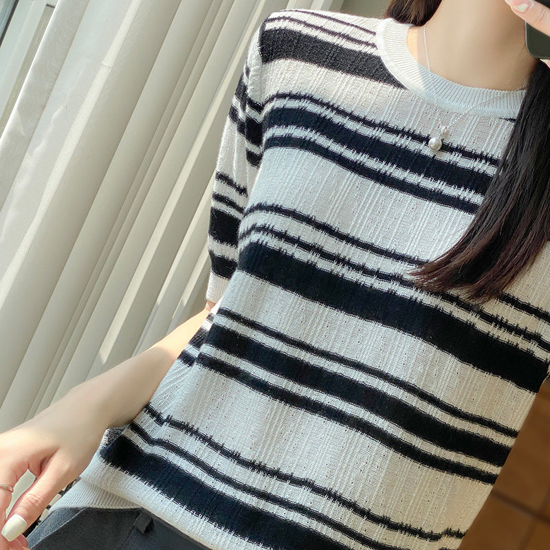 チェック柄ニットスリム アイスシルク クールTシャツ