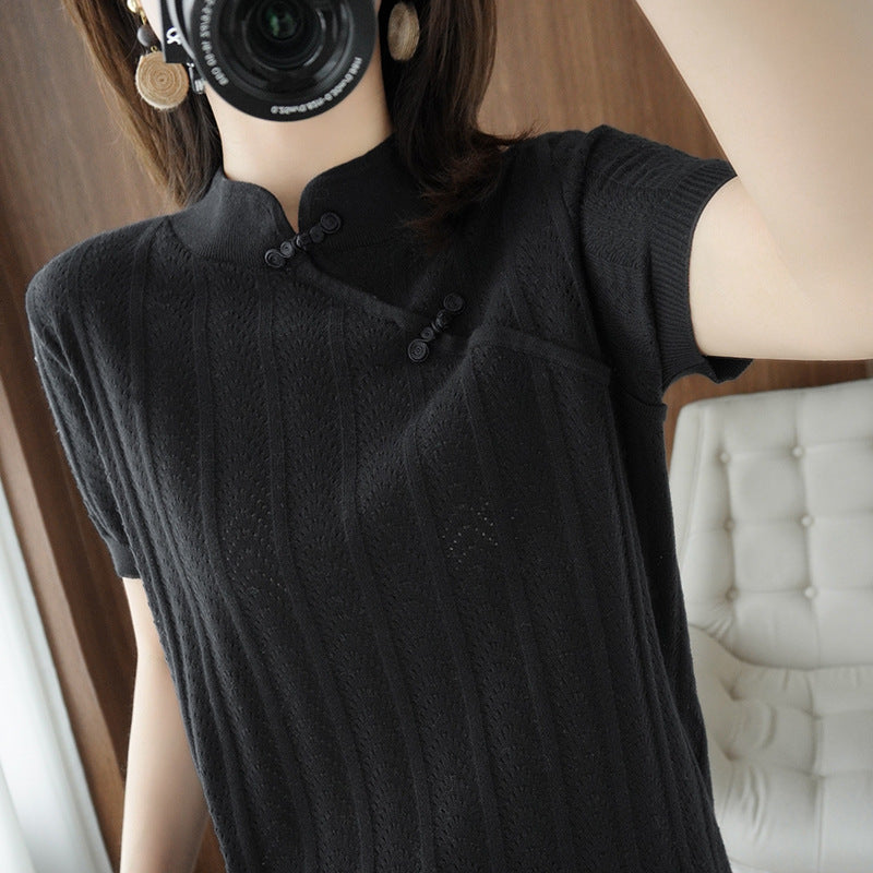 薄手ニット半袖Tシャツ ハーフスリーブ チャイニーズスタイル
