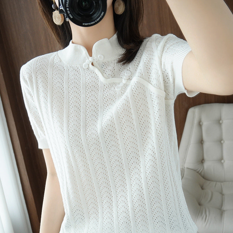 薄手ニット半袖Tシャツ ハーフスリーブ チャイニーズスタイル