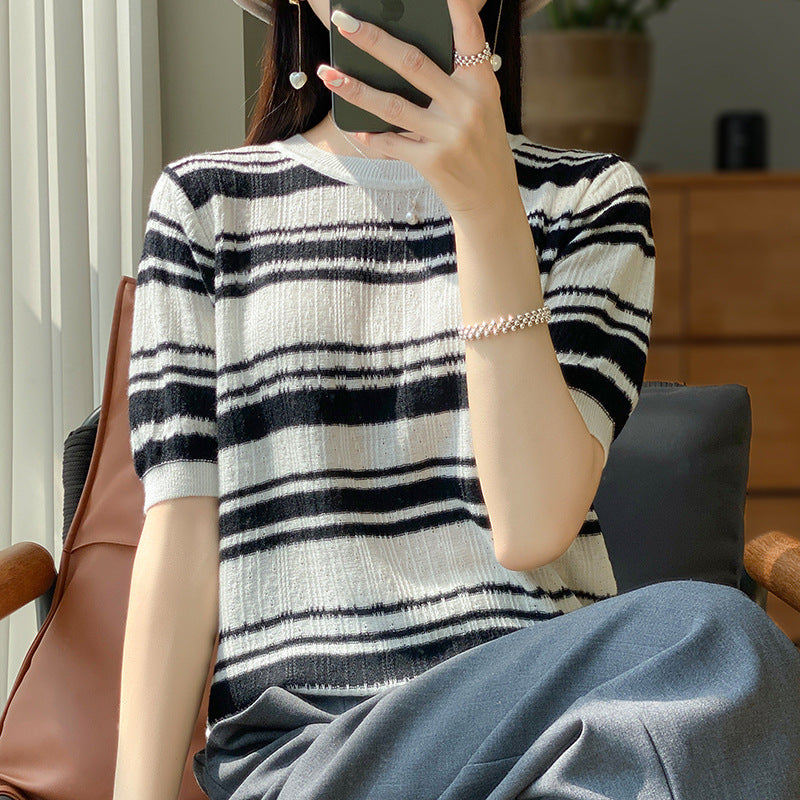 チェック柄ニットスリム アイスシルク クールTシャツ