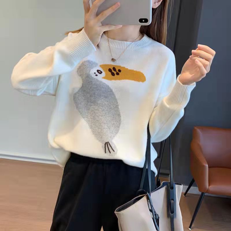 冬 レディース トップス セーター ラウンドネック ゆったり ウール バード柄