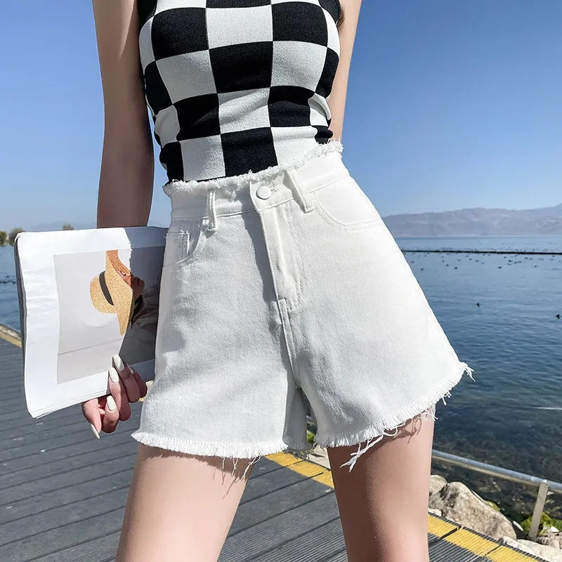 夏 レディース パンツ 香港スタイル ストラップ付き デニムショーツ ハイウエスト プラスサイズ ルーズスリム ワイドレッグ  Aライン ウルトラショート ホットパンツ