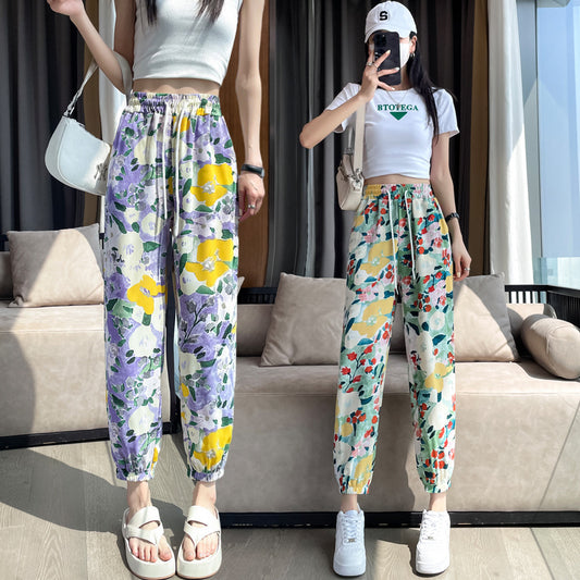 夏 レディース パンツ アイスシルク ハーレンパンツ 夏用 プリント 伸縮性ウエスト カジュアル チュニックパンツ