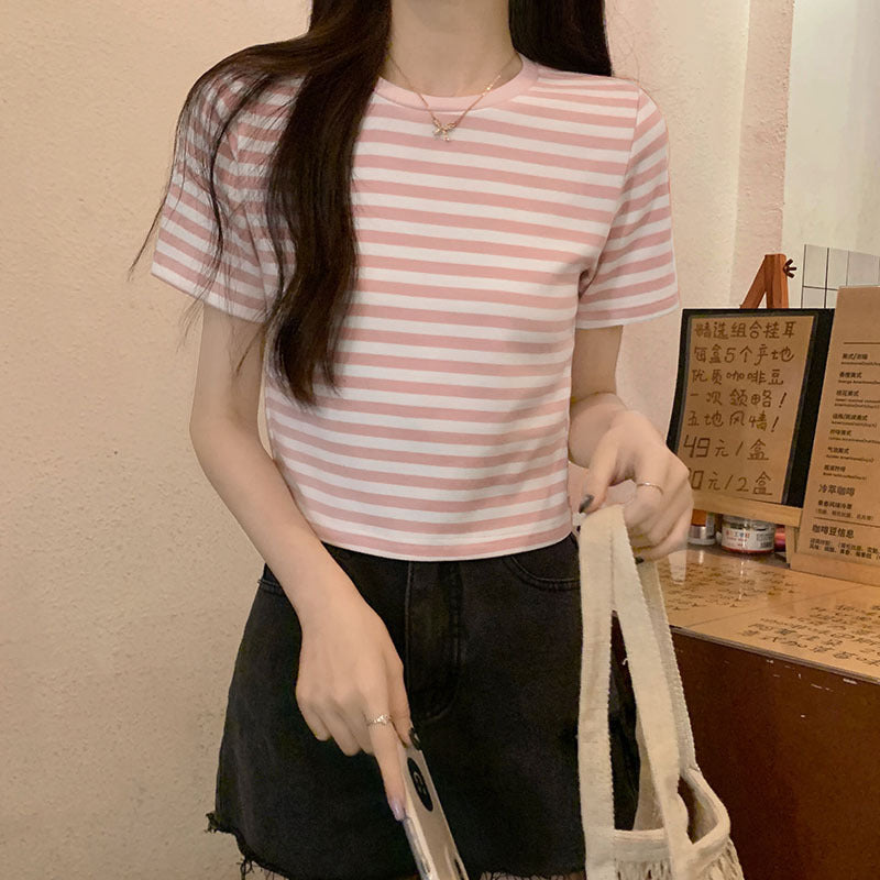 レディース トップス シャツ Tシャツ ストライプ 半袖 Tシャツ コットン ストレートショルダー