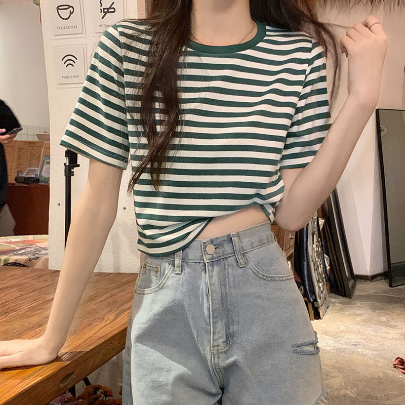 レディース トップス シャツ Tシャツ ストライプ 半袖 Tシャツ コットン ストレートショルダー