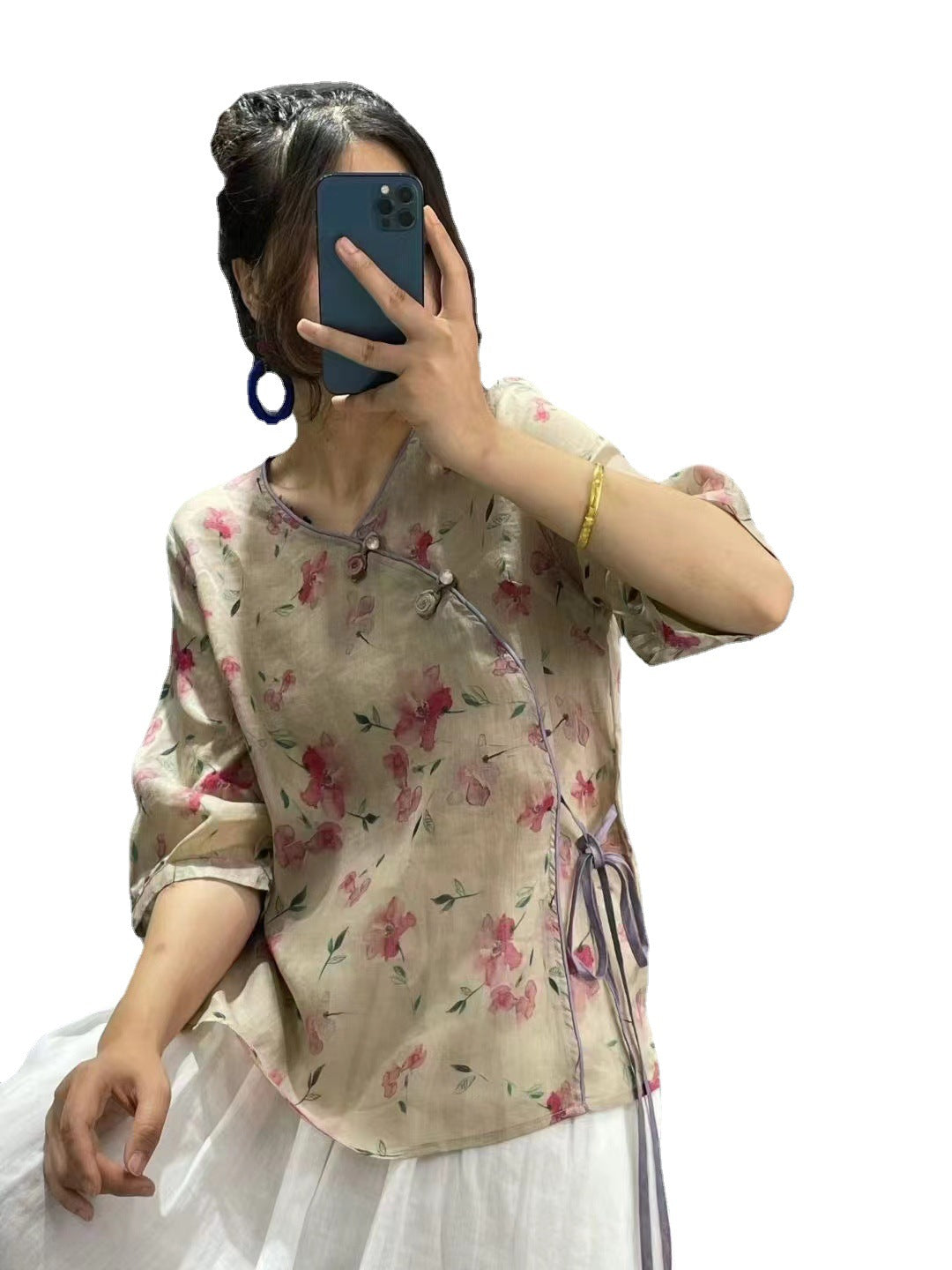 レトロハンドメイドバックルレースアップラミープリントシャツ　ティードレス